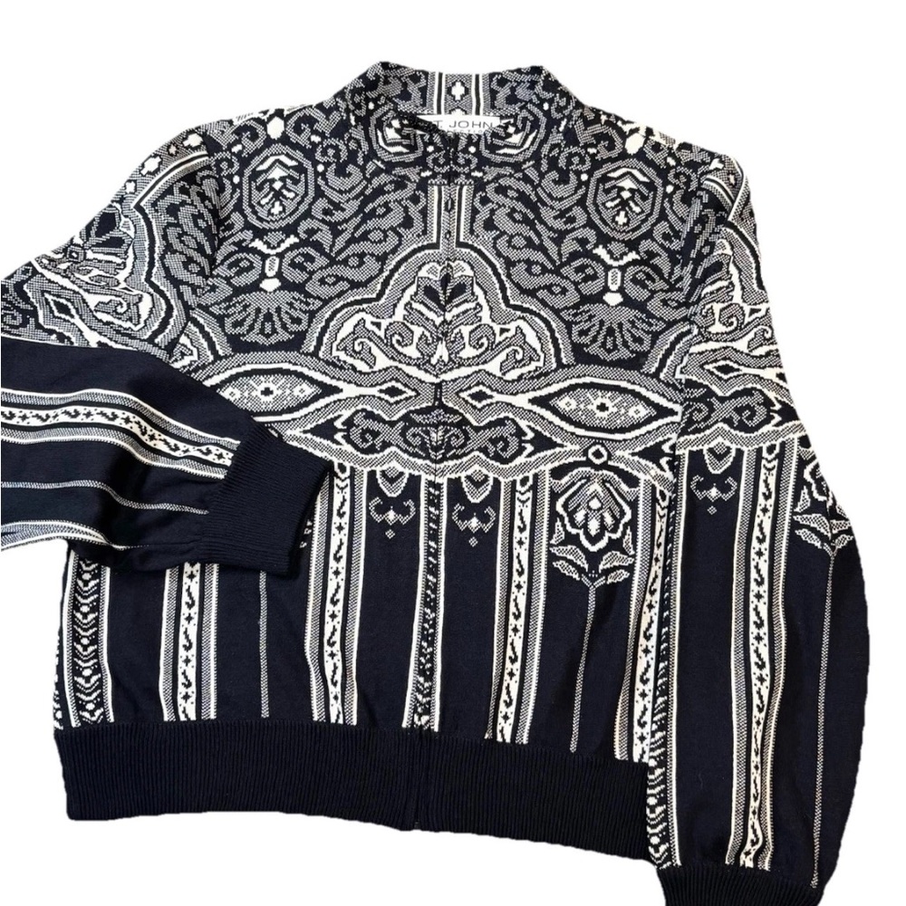 St John Collection Santana Knit Zip Up Jacket Women’s Large 12-14 Black White‎